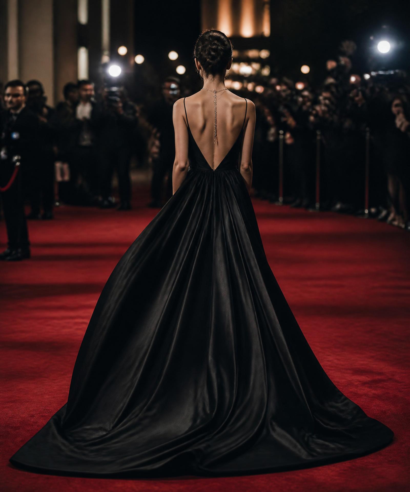 Woman on the red carpet in a black silk Donna Stellare gown